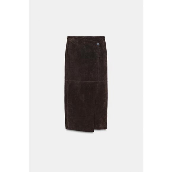 ZARA 100% LEATHER WRAP MIDI SKIRT - Picture 1 of 8